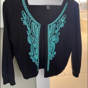 worn once INC black 1/2sweater w beautiful turquoise roping w small clear beads
